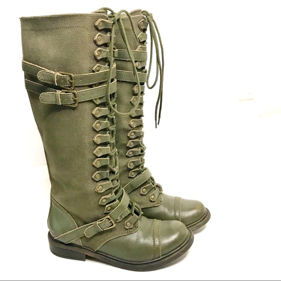 ZIGI GIRL Combat Boots Tall Strap Buckle Khaki 6.5 - Picture 6 of 8